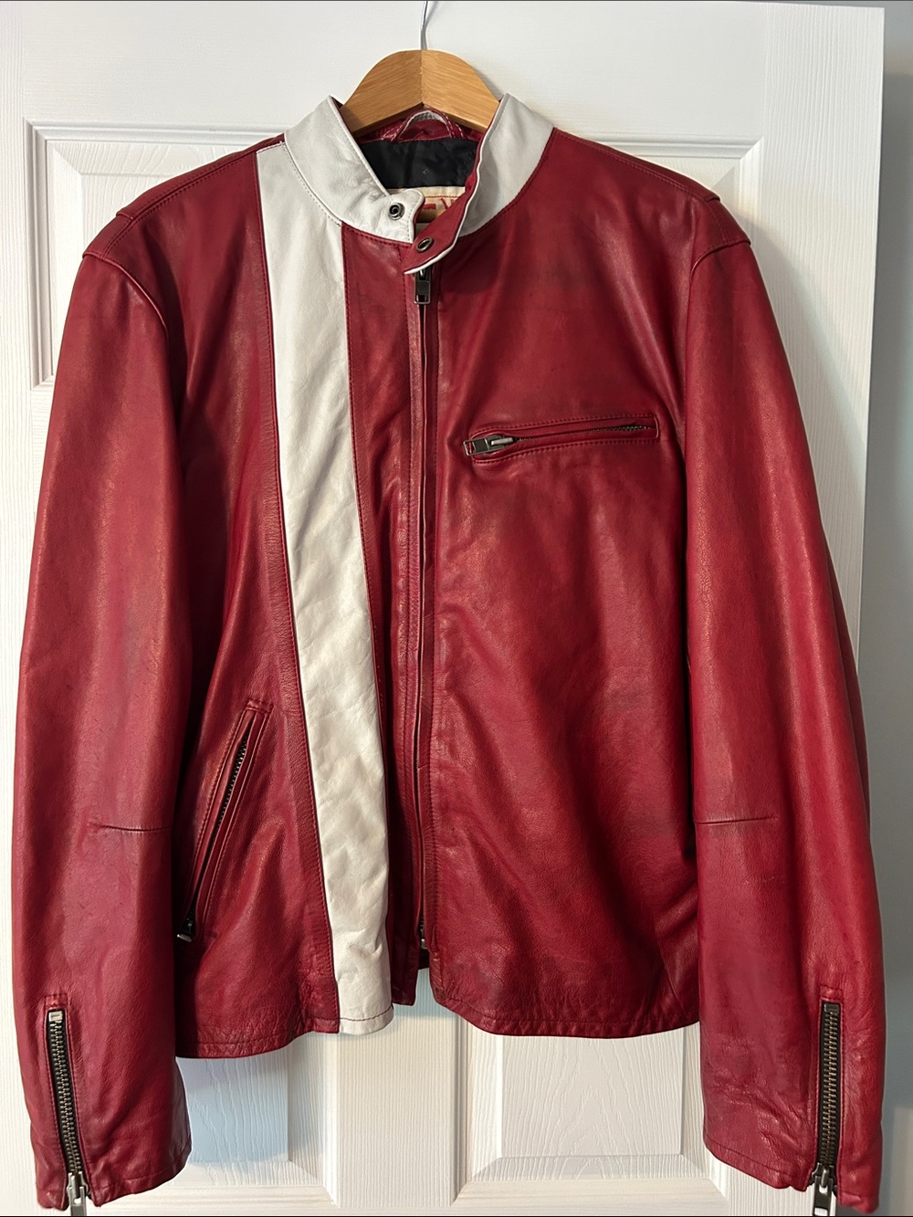 GAP Red Leather Bomber Jacket with White Racing Stripe